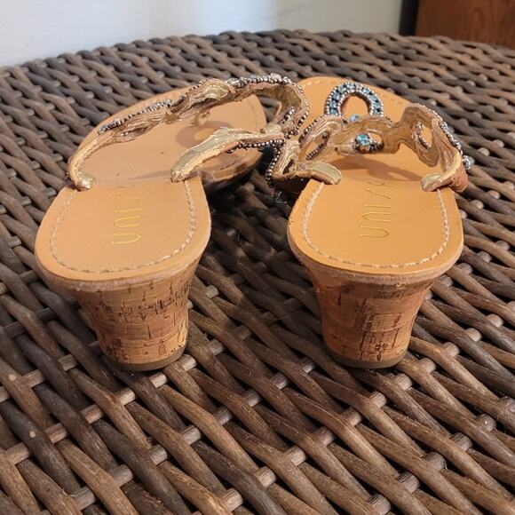 UNISA Rhinestone Cork Wedge Sandals 8 Tan Turquoise Flip Flop Beach Glam Resort - Picture 5 of 10